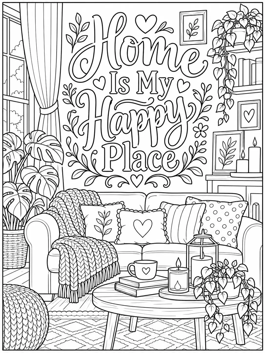 Home Is My Happy Place quote coloring page with a cozy living room, plants, candles, and books