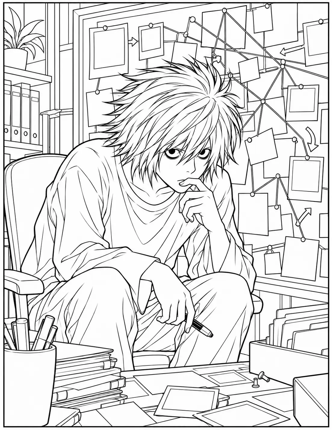 L sitting in front of an investigation board coloring page