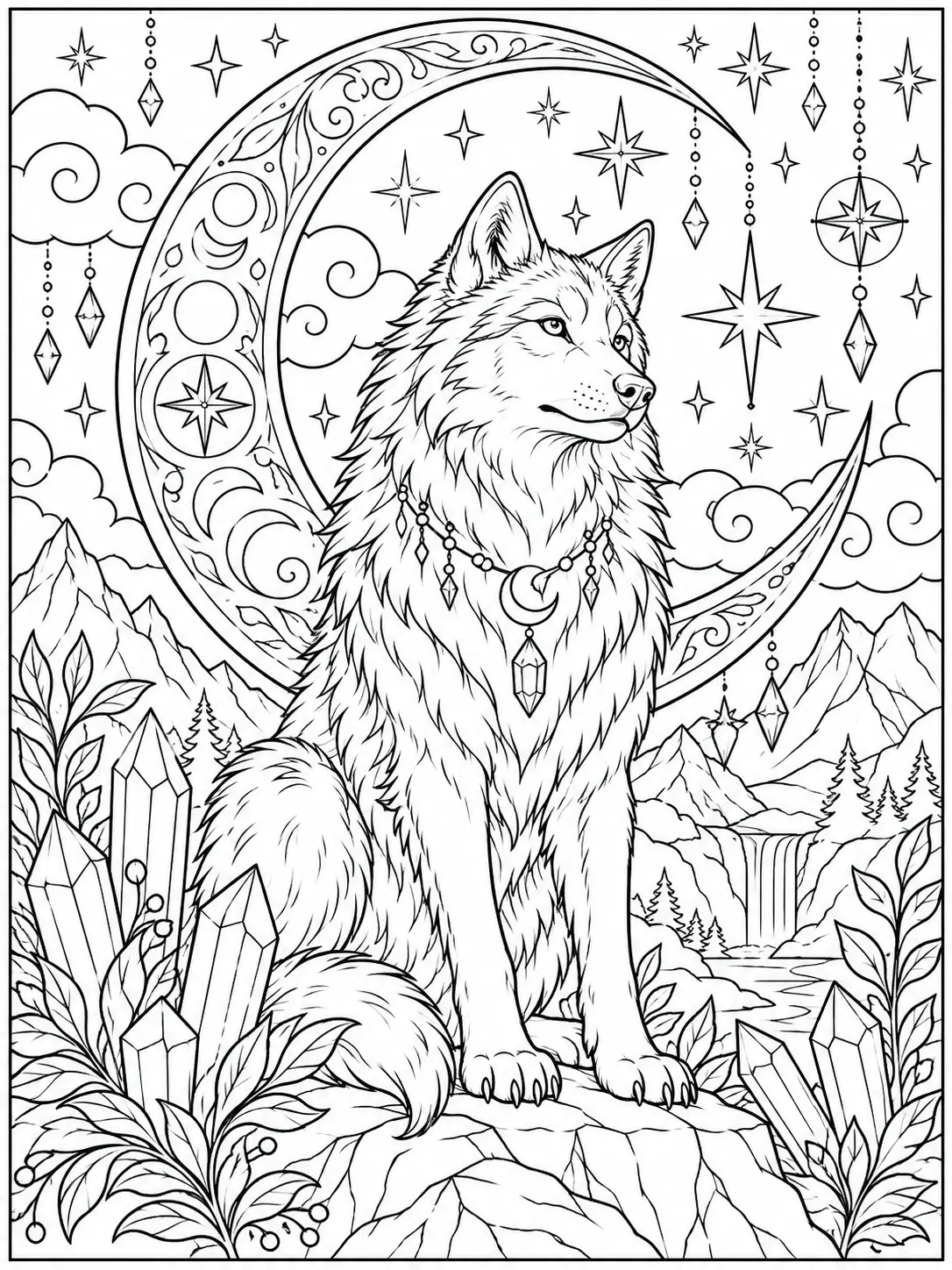 Mystical wolf with crescent moon, stars, crystals and mountain scenery coloring page