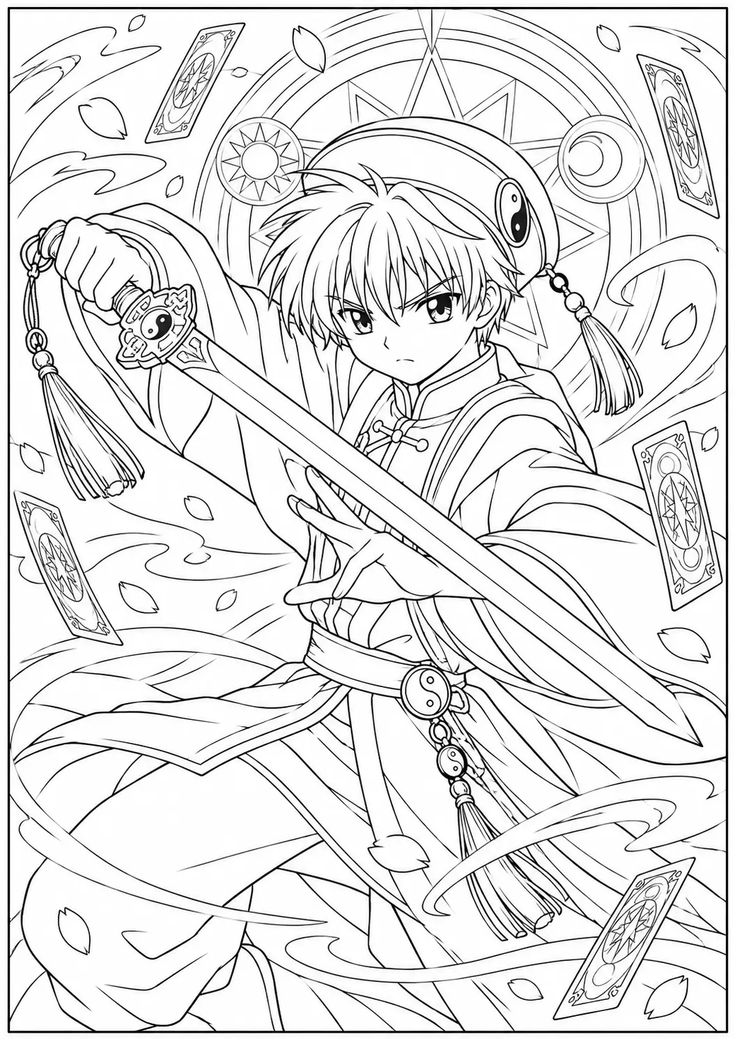 Syaoran holding his sword in an action pose with cards and magical symbols