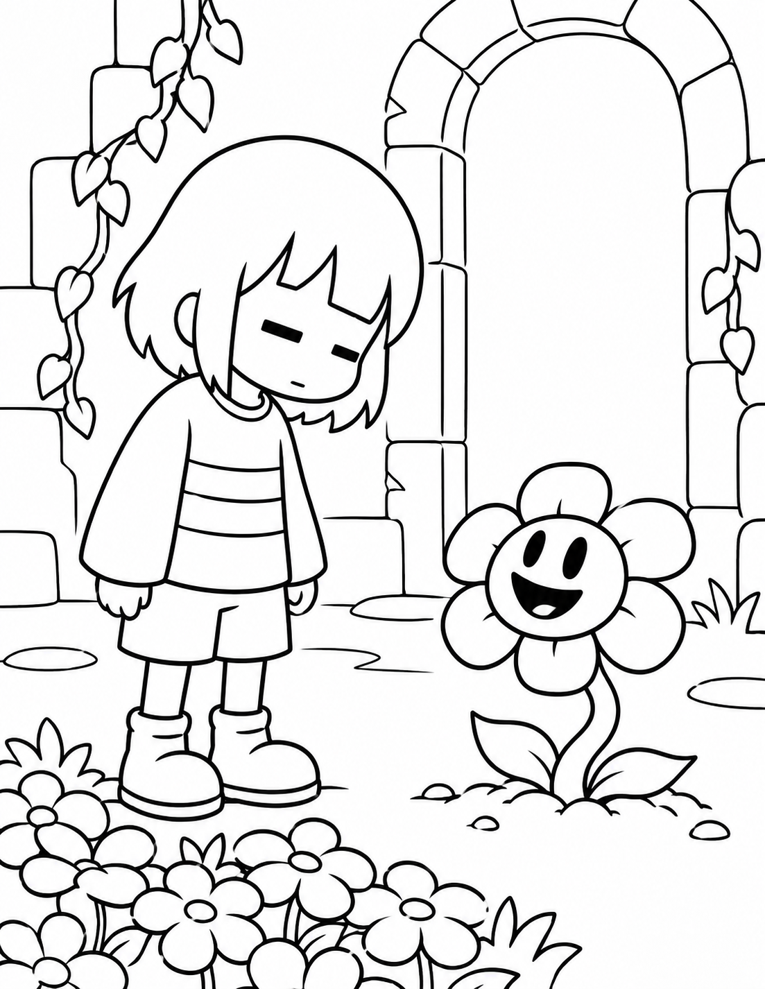 Frisk meeting Flowey in the Undertale Ruins coloring scene