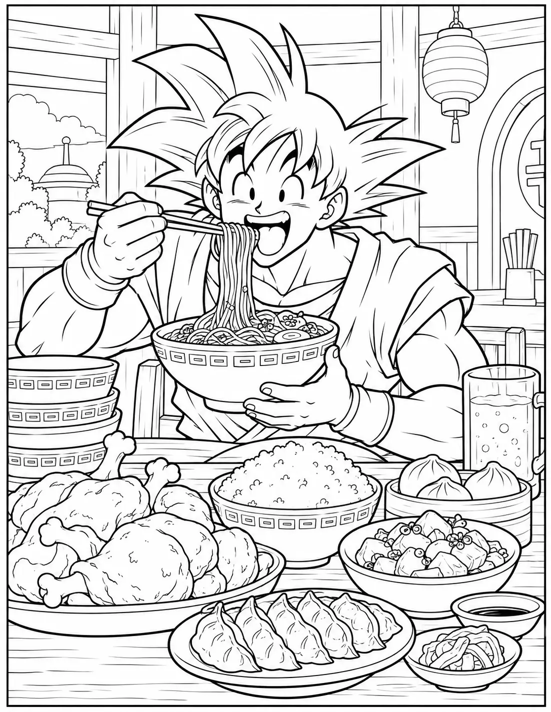 Goku eating ramen and a large meal coloring page
