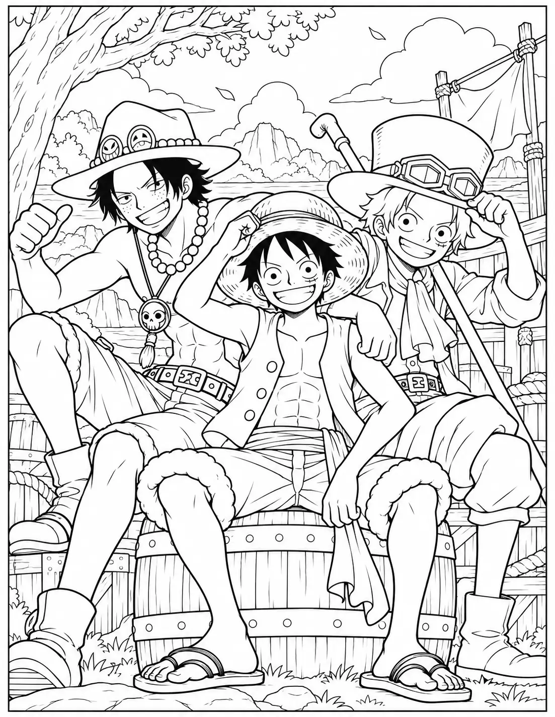 Monkey D. Luffy with Ace and Sabo coloring page