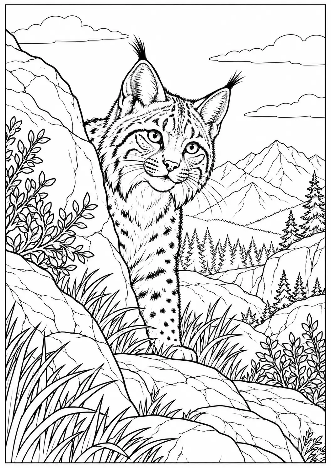 Bobcat peeking around a rock in a mountain landscape coloring page