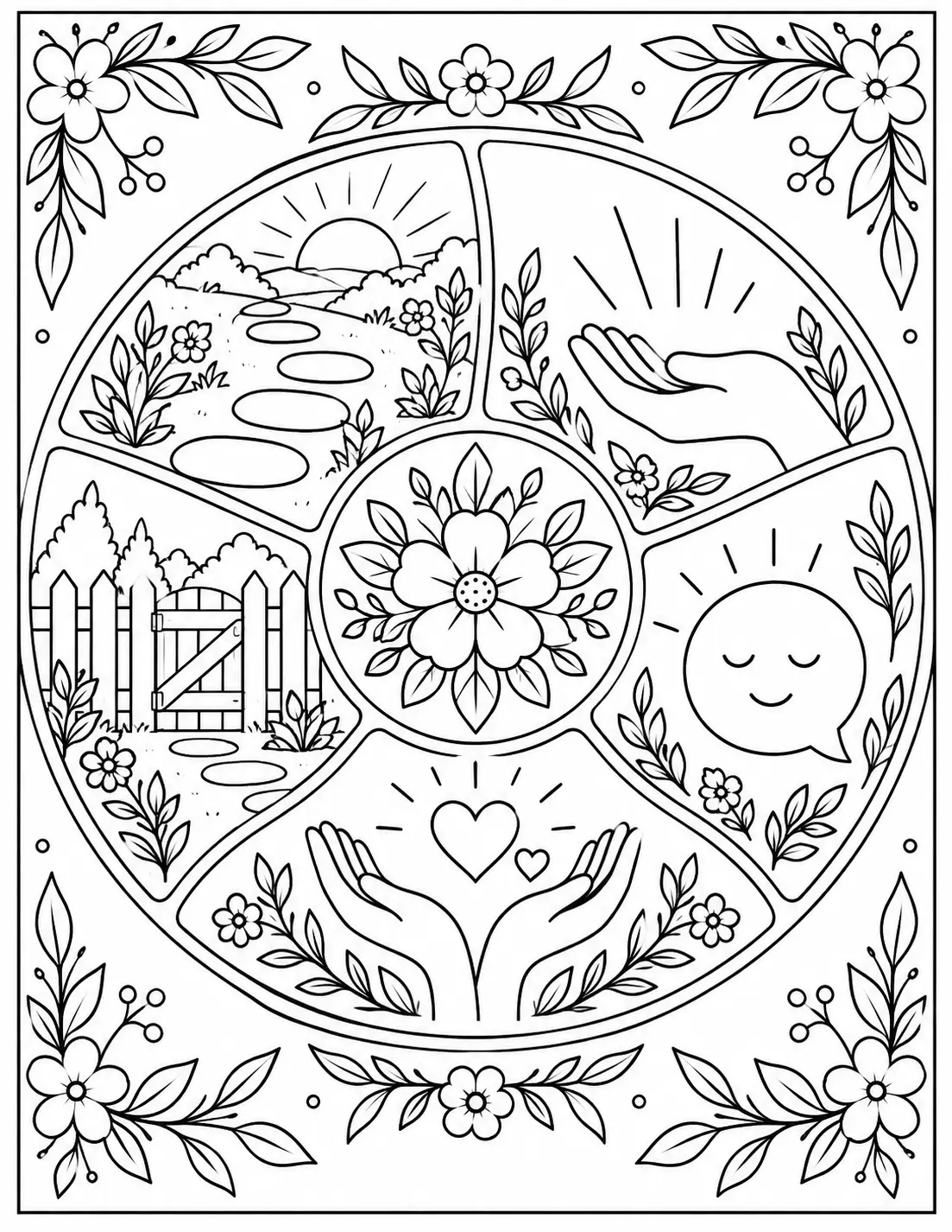 Helping hands botanical circle recovery coloring page
