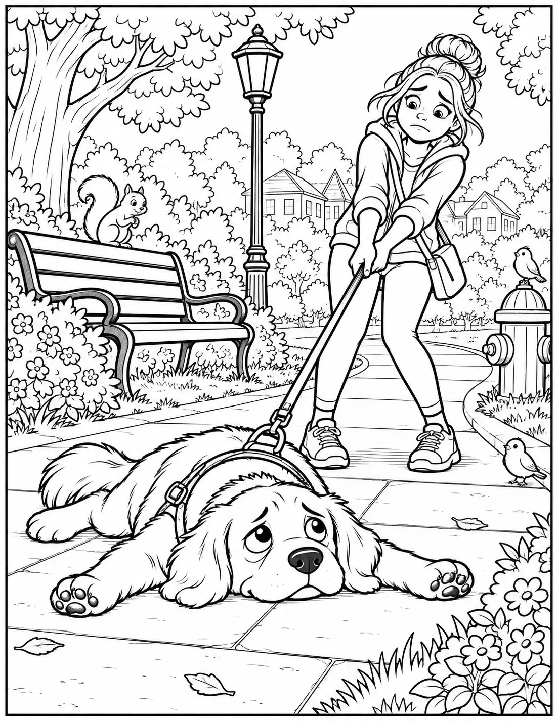 Funny adult coloring page of a dog lying on the sidewalk and refusing to walk home
