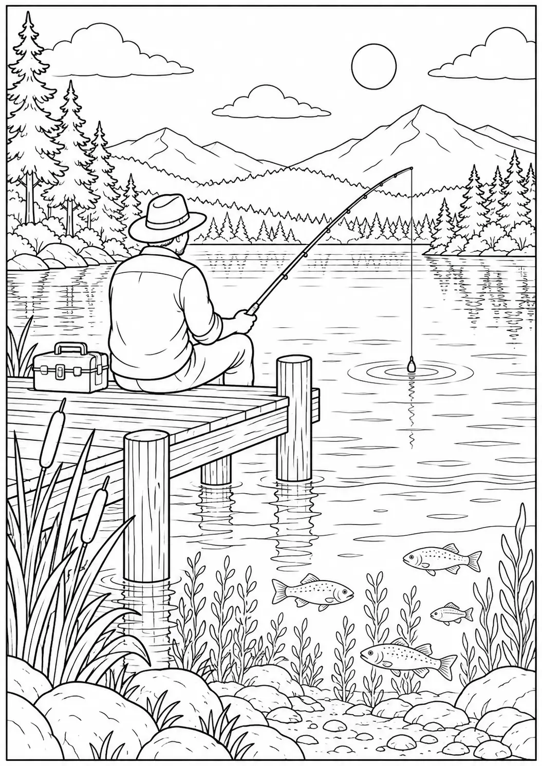 Person fishing from a quiet lake dock coloring page for adults