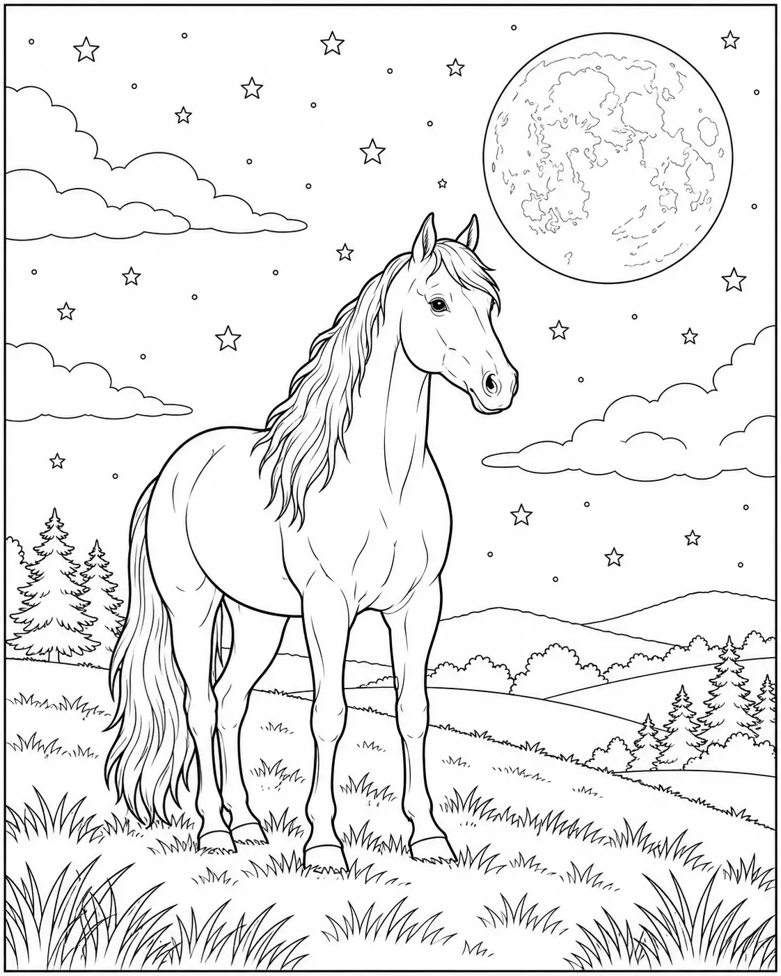 Horse standing beneath a full moon and stars coloring page