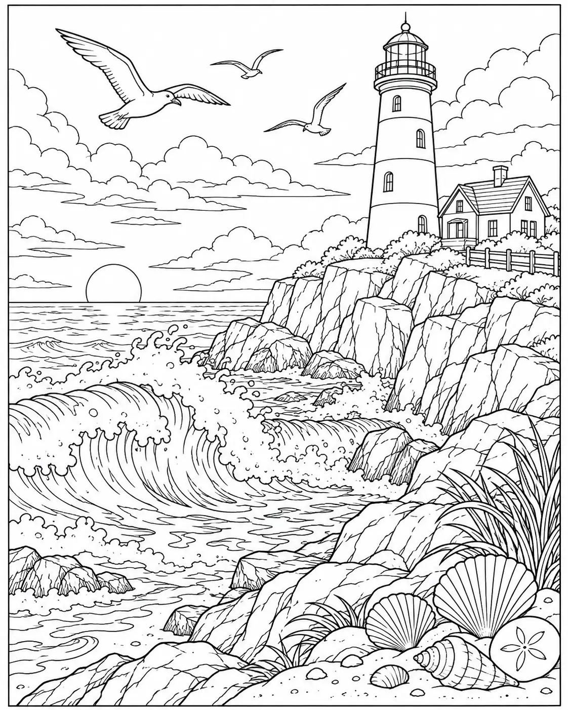 Lighthouse above ocean waves coloring page