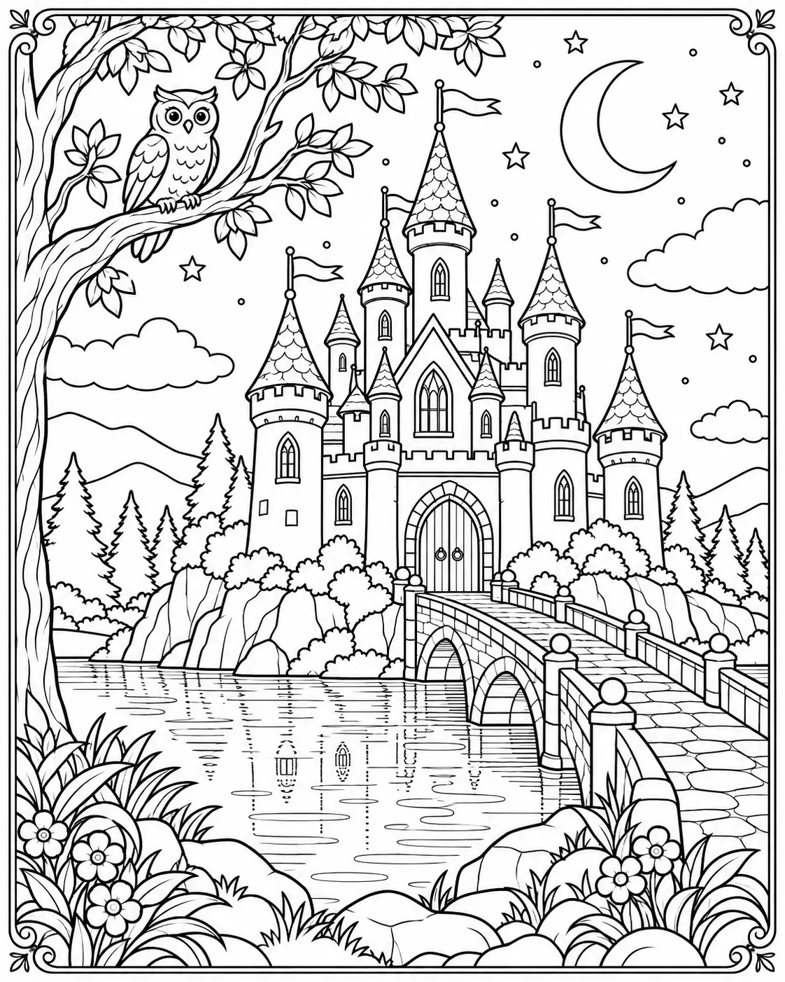 Moonlit castle with crescent moon, owl, stone bridge and lake coloring page