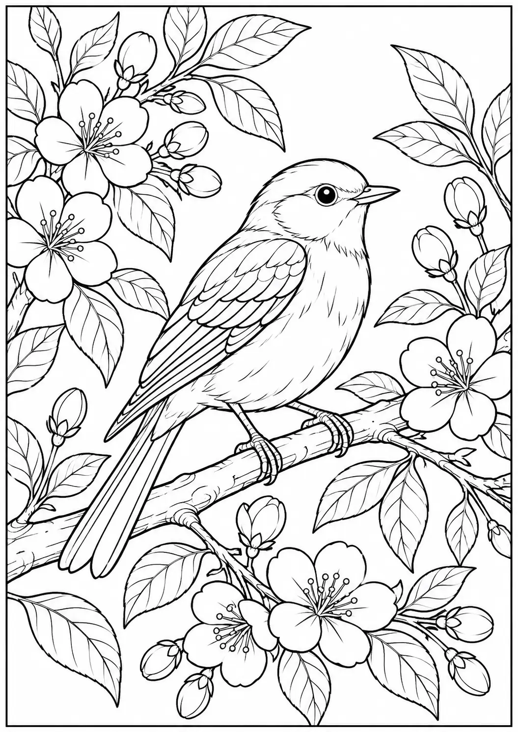 Bird and flowers coloring page for adults with a songbird on a branch and blossoms