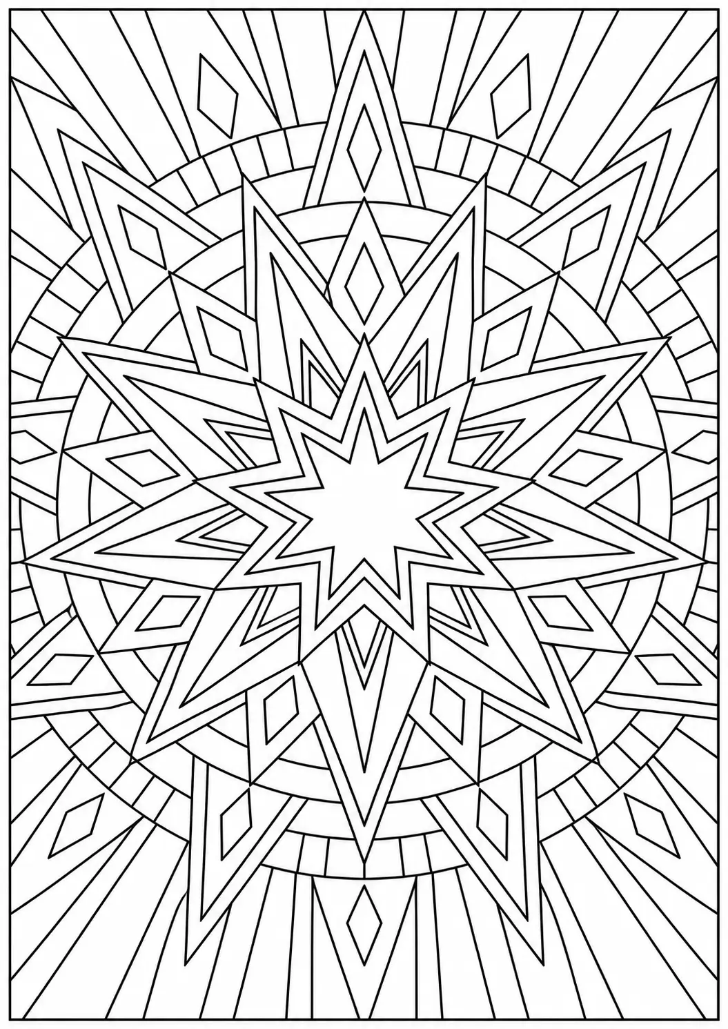 Geometric starburst pattern coloring page for adults