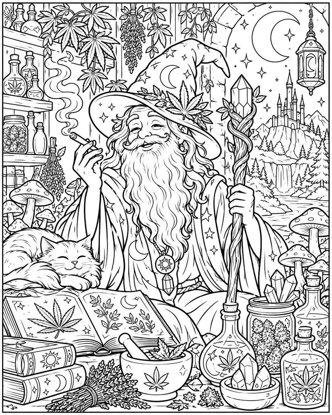 Stoner wizard with herbs crystals books and mushrooms coloring page