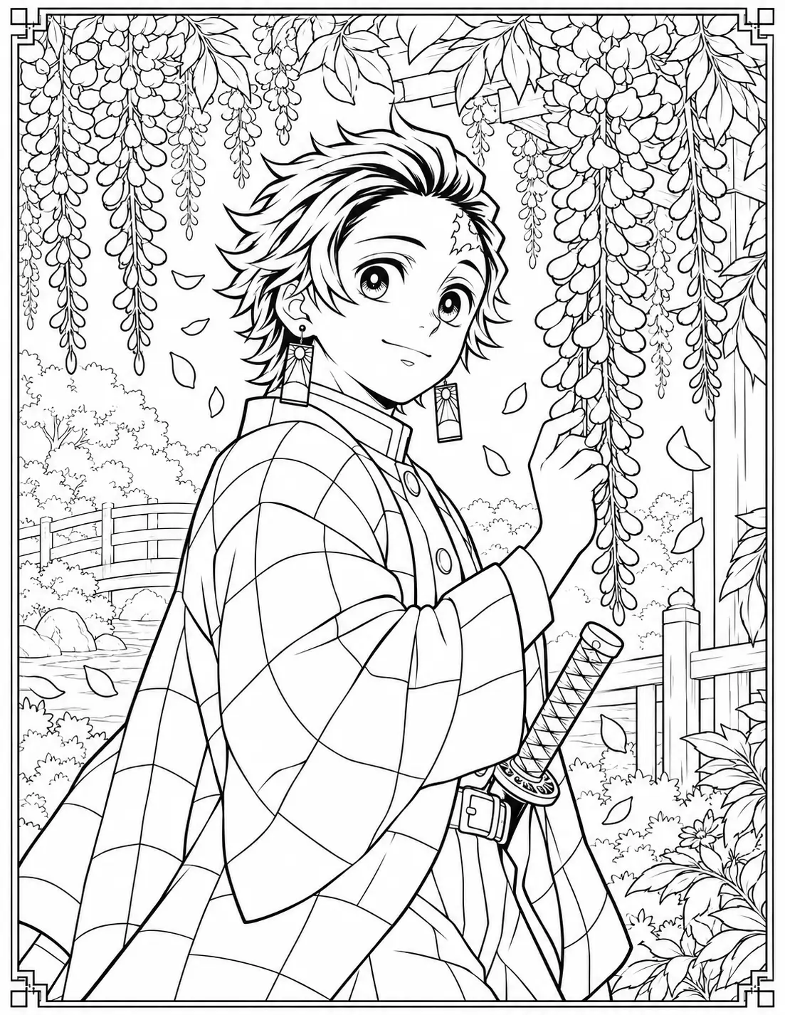 Tanjiro Kamado beneath hanging wisteria flowers coloring page