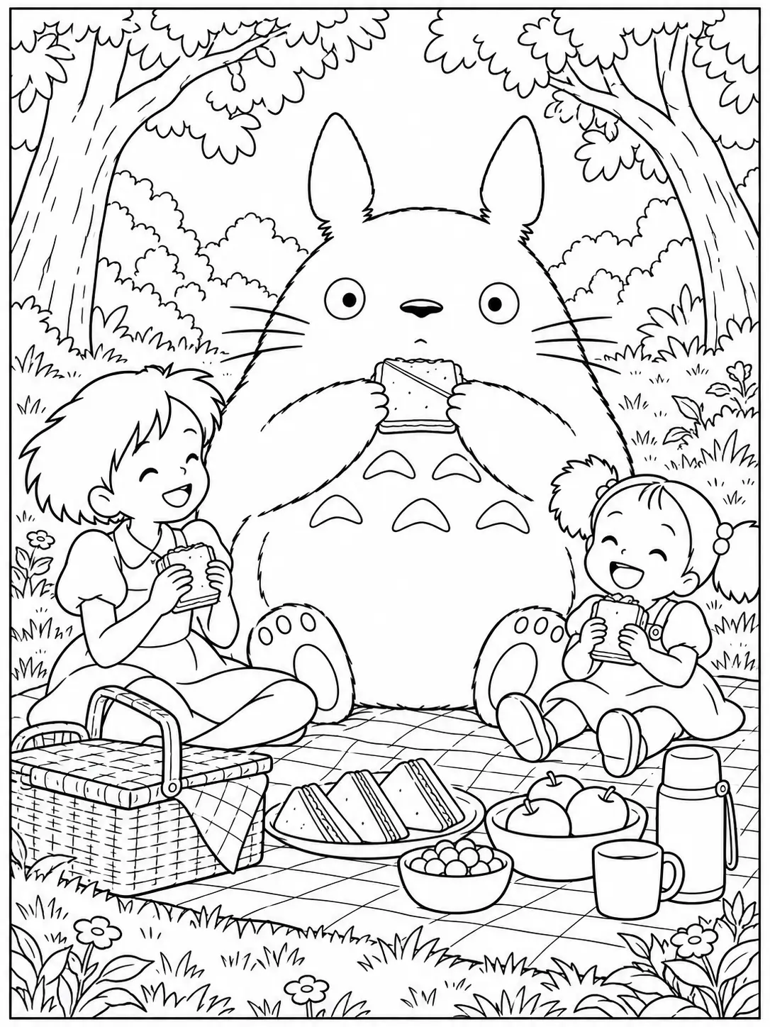 Totoro having a picnic with Satsuki and Mei coloring page