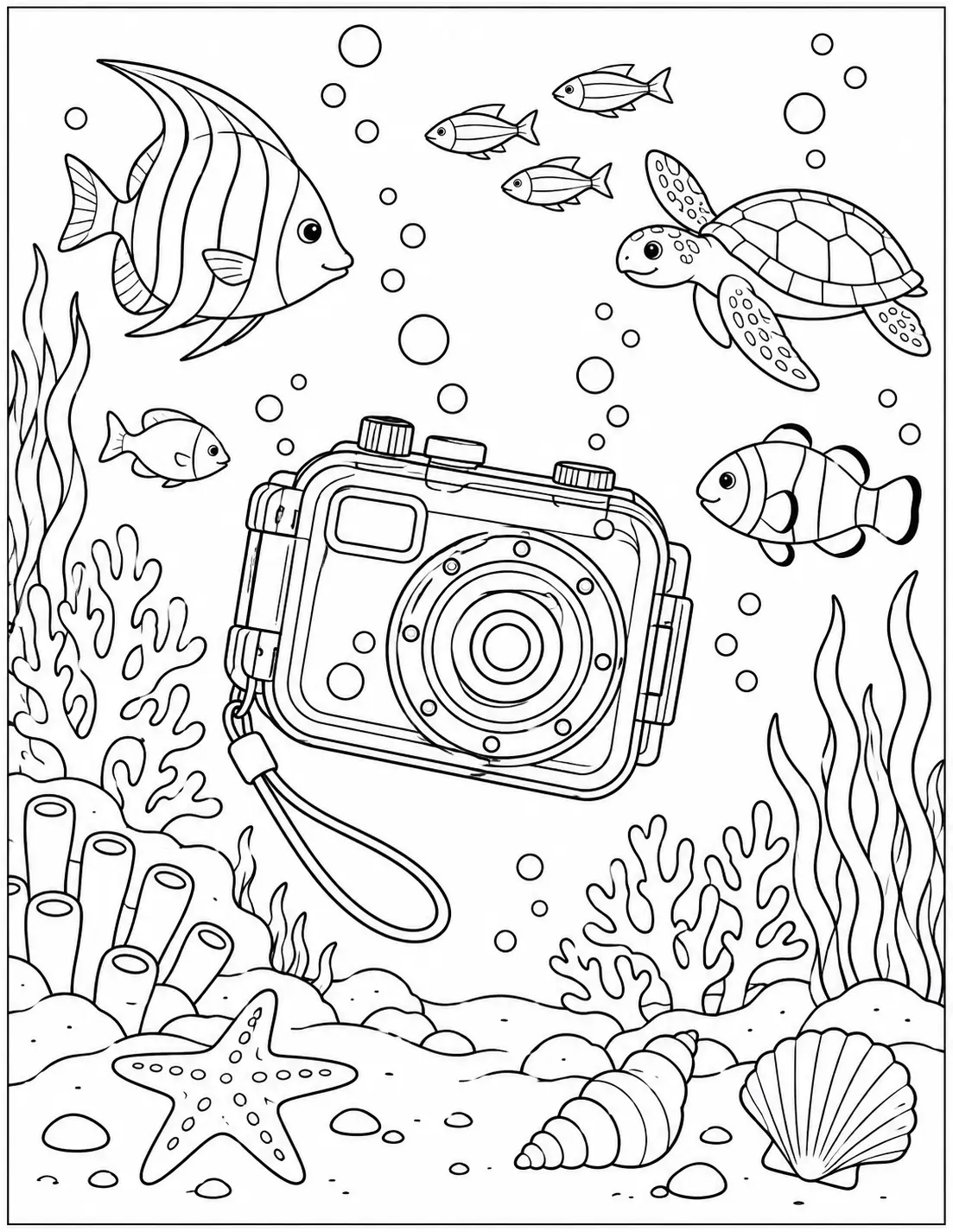 Underwater camera coloring page with fish, sea turtle, coral, bubbles, shells, and starfish