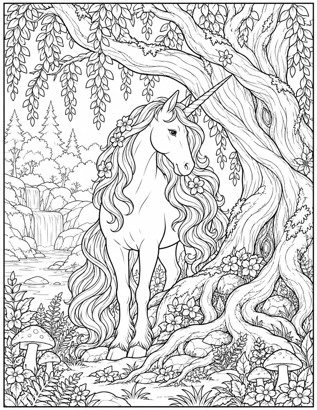 Unicorn beside an ancient tree in a woodland setting coloring page for adults