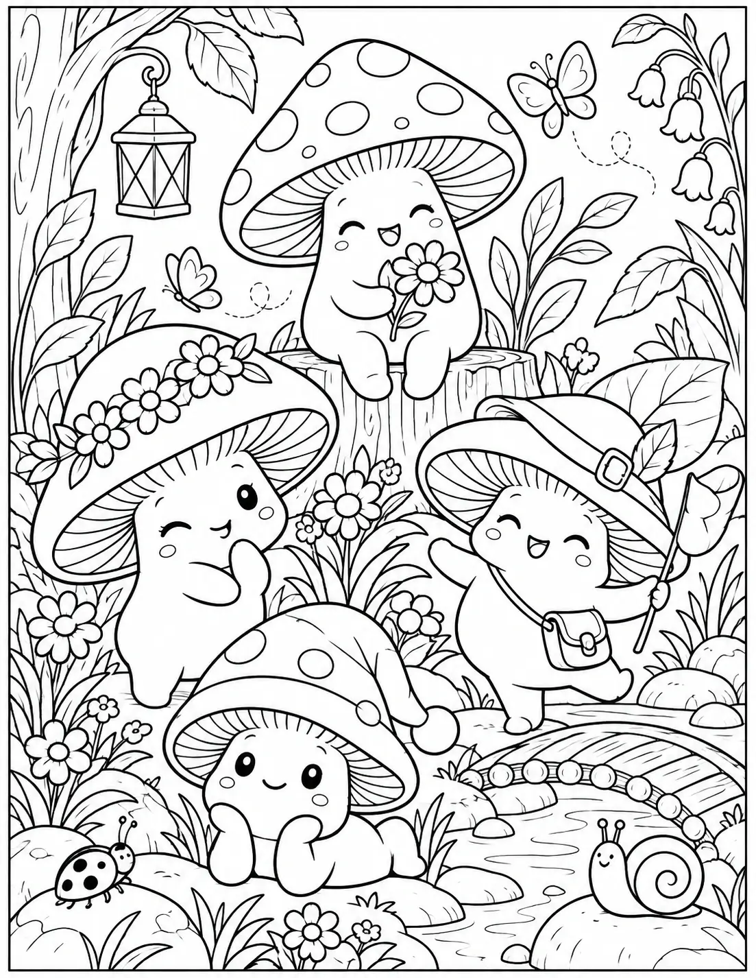 Cute mushroom friends coloring page in a woodland setting