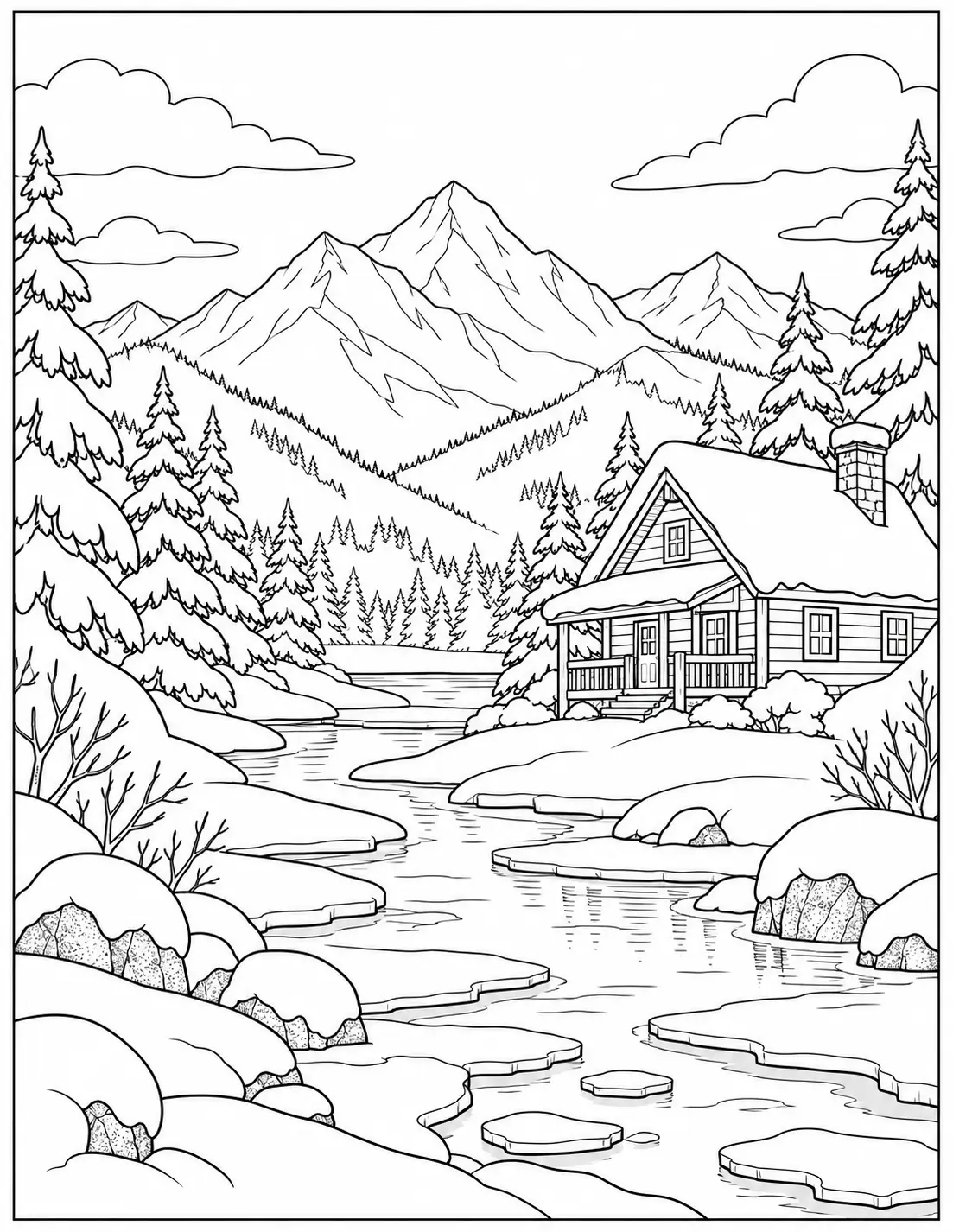 Winter mountain landscape coloring page