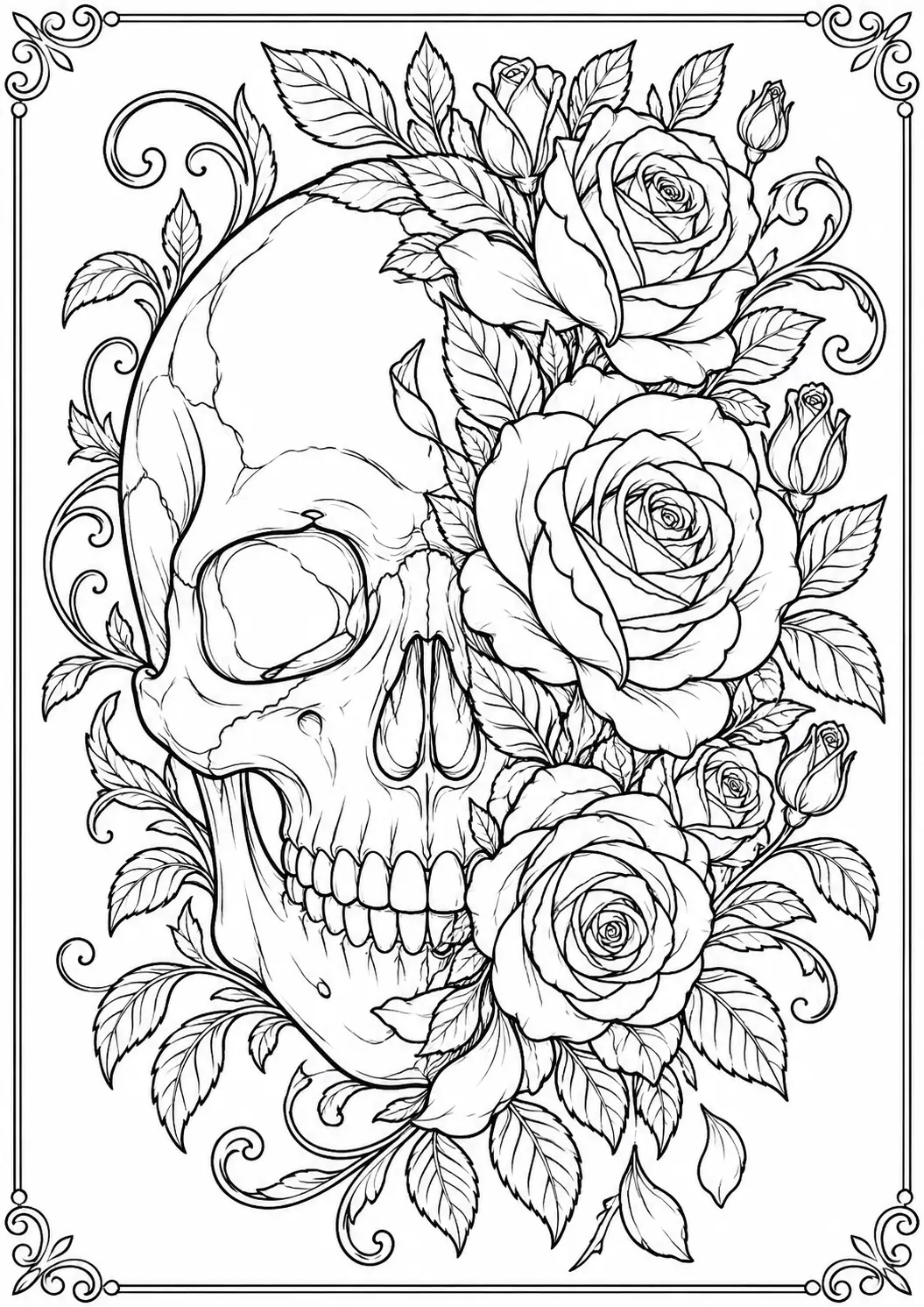 Half skull and roses coloring page for adults