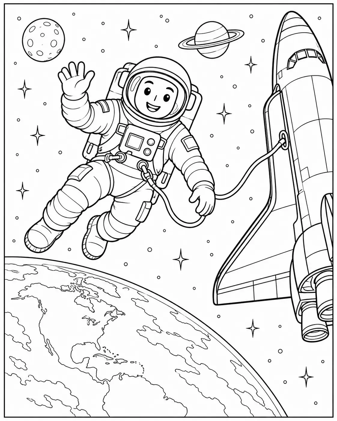 Astronaut floating near a space shuttle coloring page
