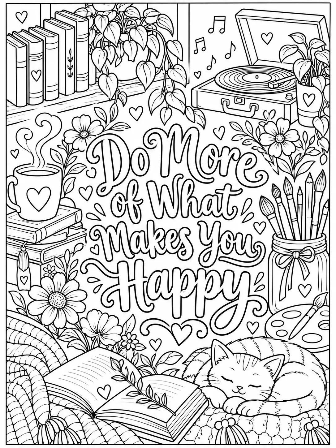 Do More of What Makes You Happy quote coloring page with books, music, art supplies, flowers, and a cat