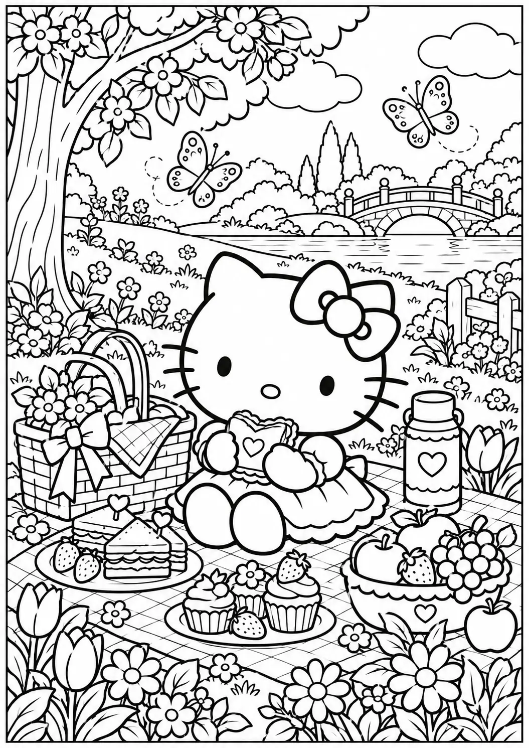 Hello Kitty picnic coloring page for adults