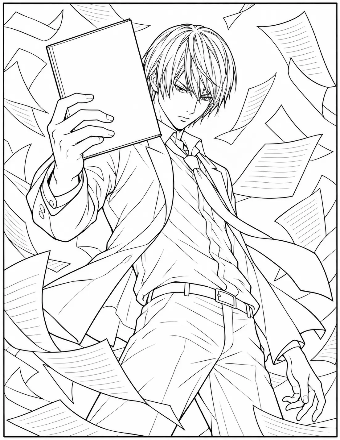 Light Yagami holding the Death Note with flying pages coloring page