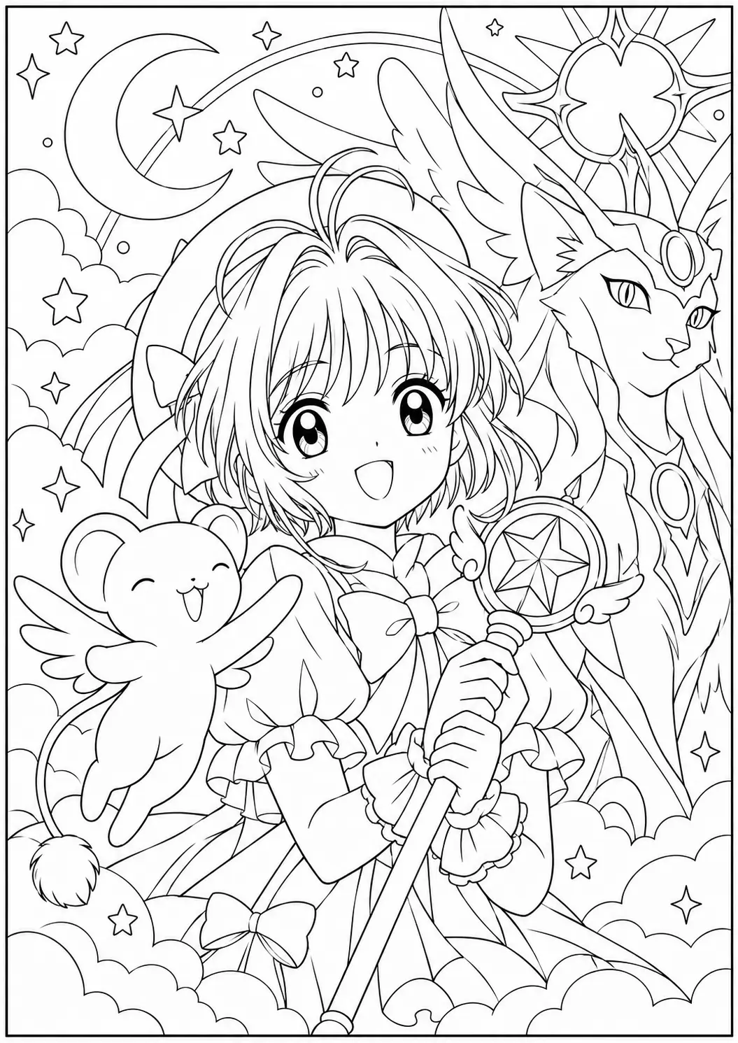 Sakura with Kero and Spinel Sun among clouds, stars and magical shapes