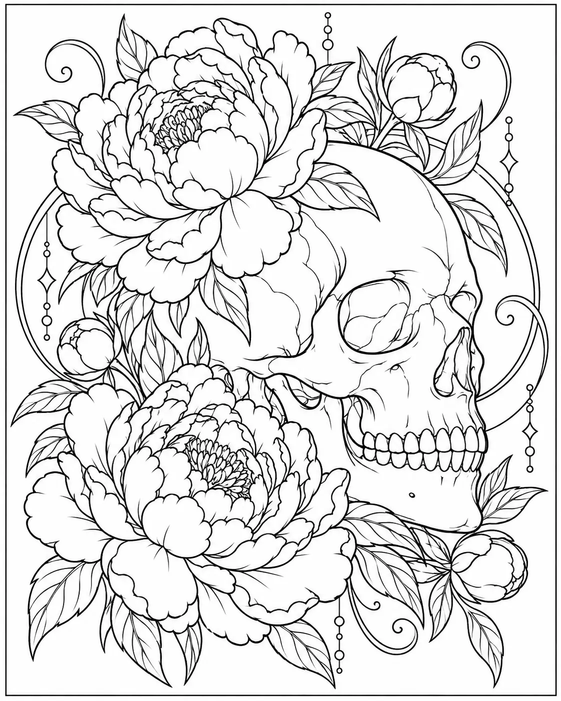 Skull with peonies coloring page for adults