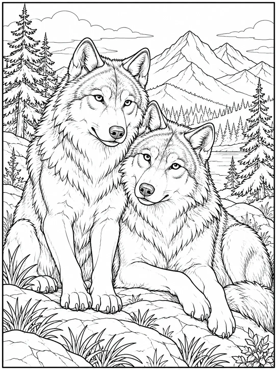 Two wolves resting together beside a mountain lake and pine forest coloring page