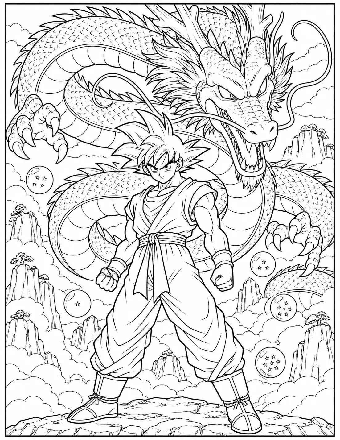 Goku standing with Shenron and Dragon Balls coloring page
