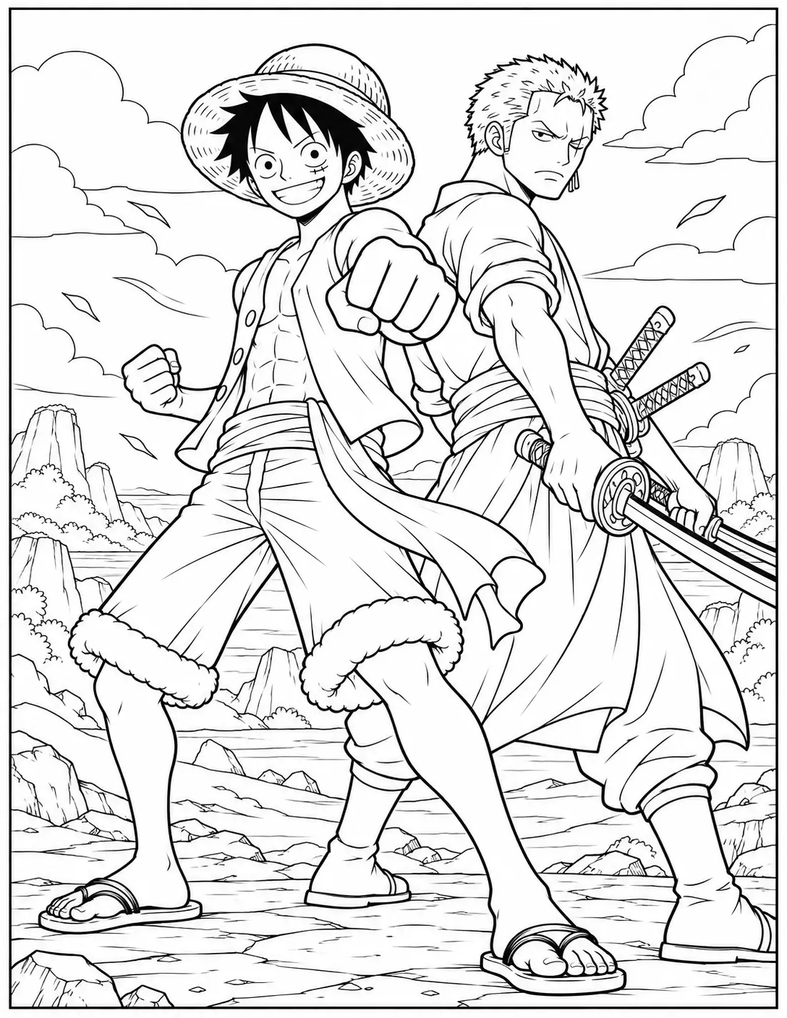 Monkey D. Luffy and Zoro back to back coloring page