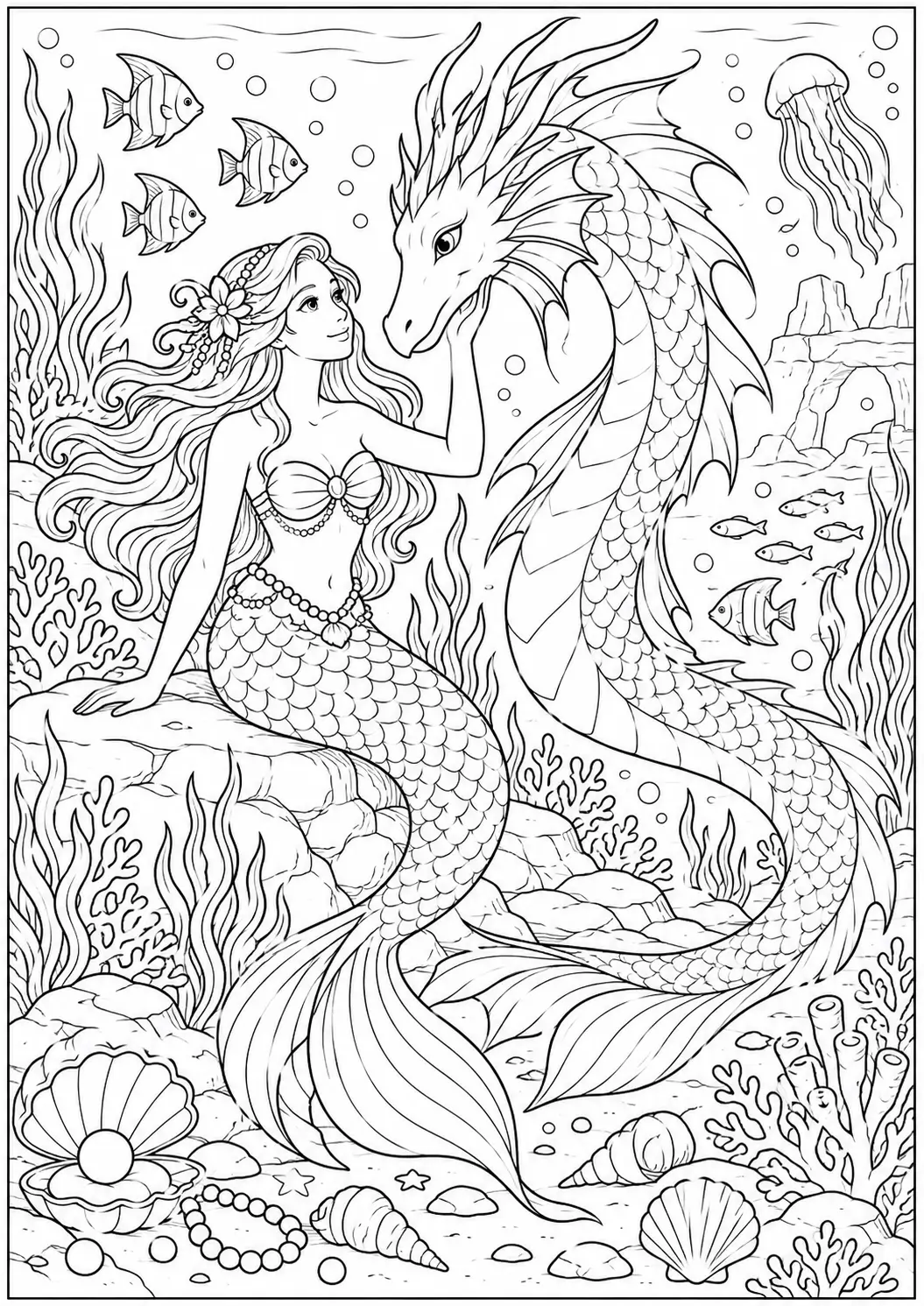 Mermaid and Sea Dragon coloring page for adults