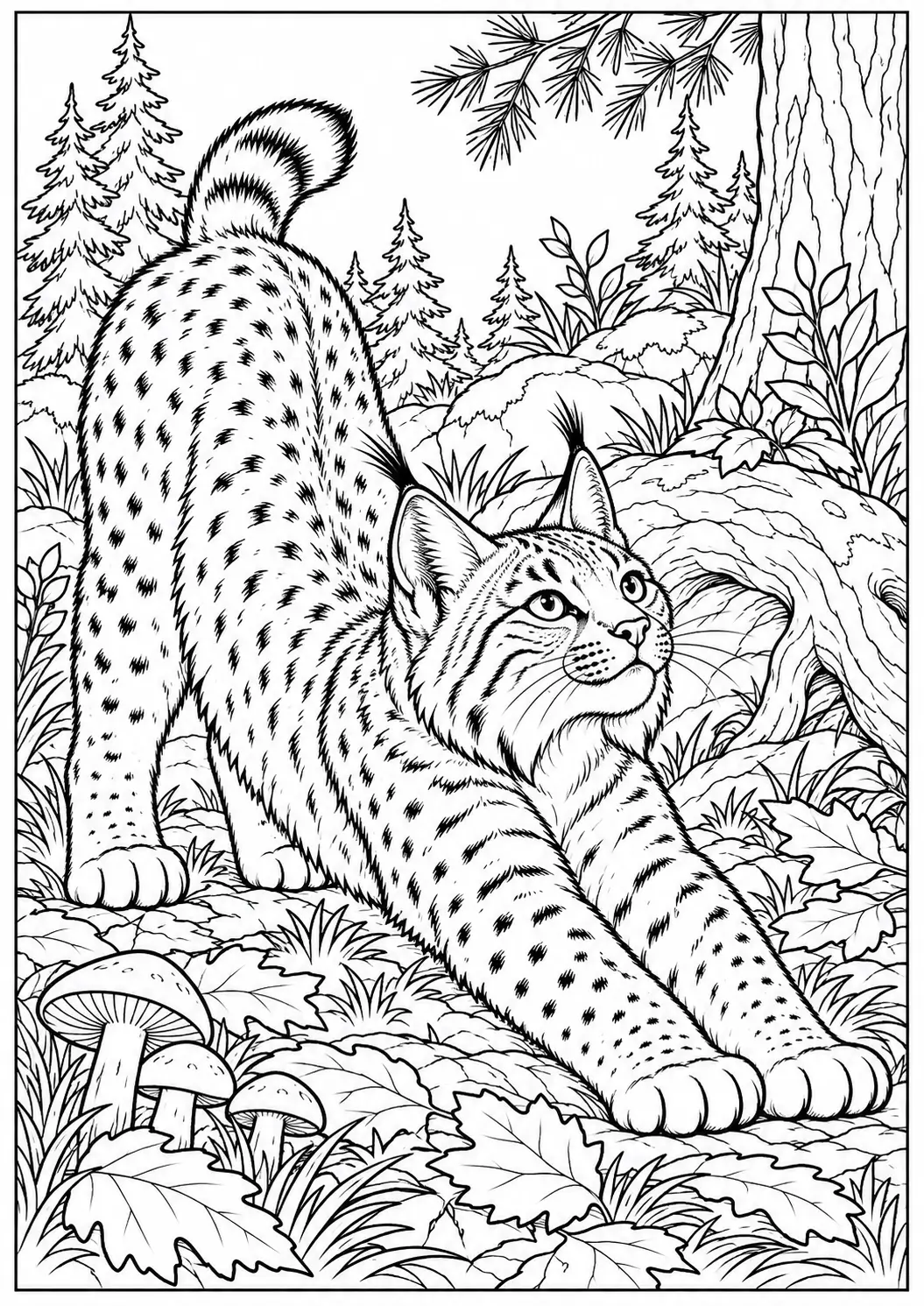 Bobcat stretching on the forest floor with leaves and mushrooms coloring page