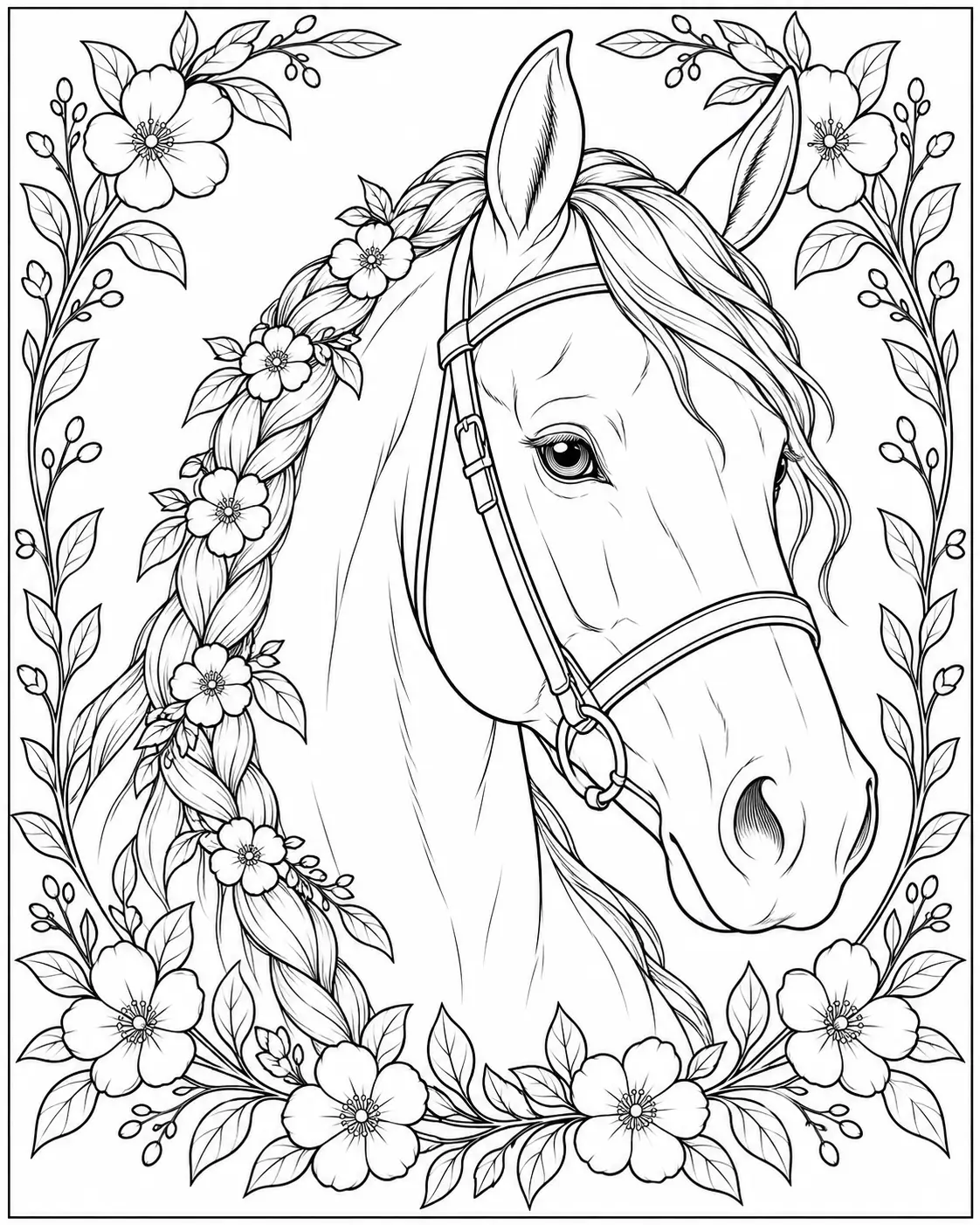 Horse portrait with a braided mane and flowers coloring page