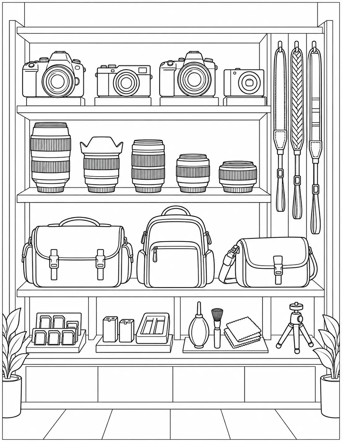 Camera shop coloring page with cameras, lenses, straps, bags, memory cards, and tripod
