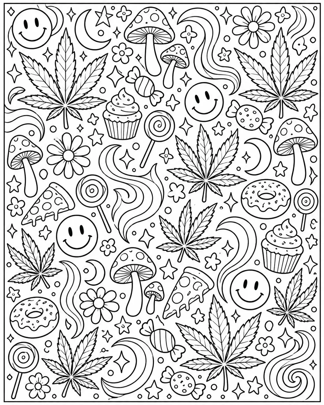 Cannabis doodle pattern with mushrooms sweets moons and smiley faces coloring page