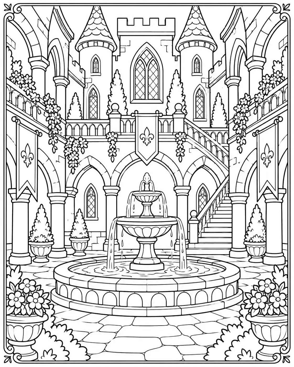 Castle courtyard with tiered fountain, stone arches, stairs and flowers coloring page
