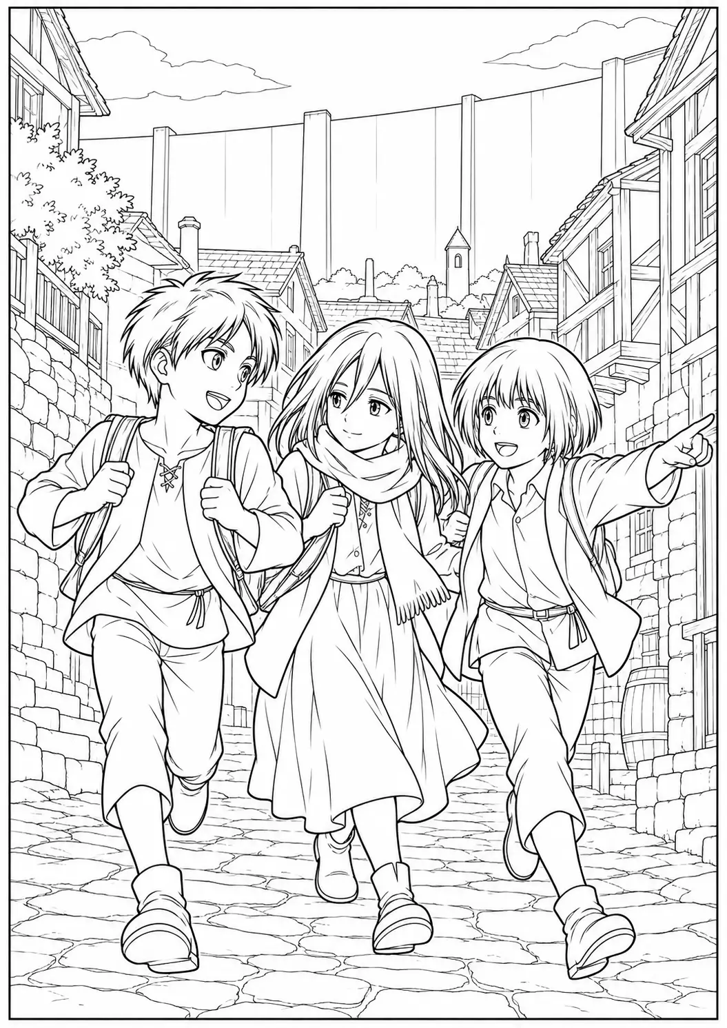 Eren, Mikasa, and Armin childhood scene coloring page