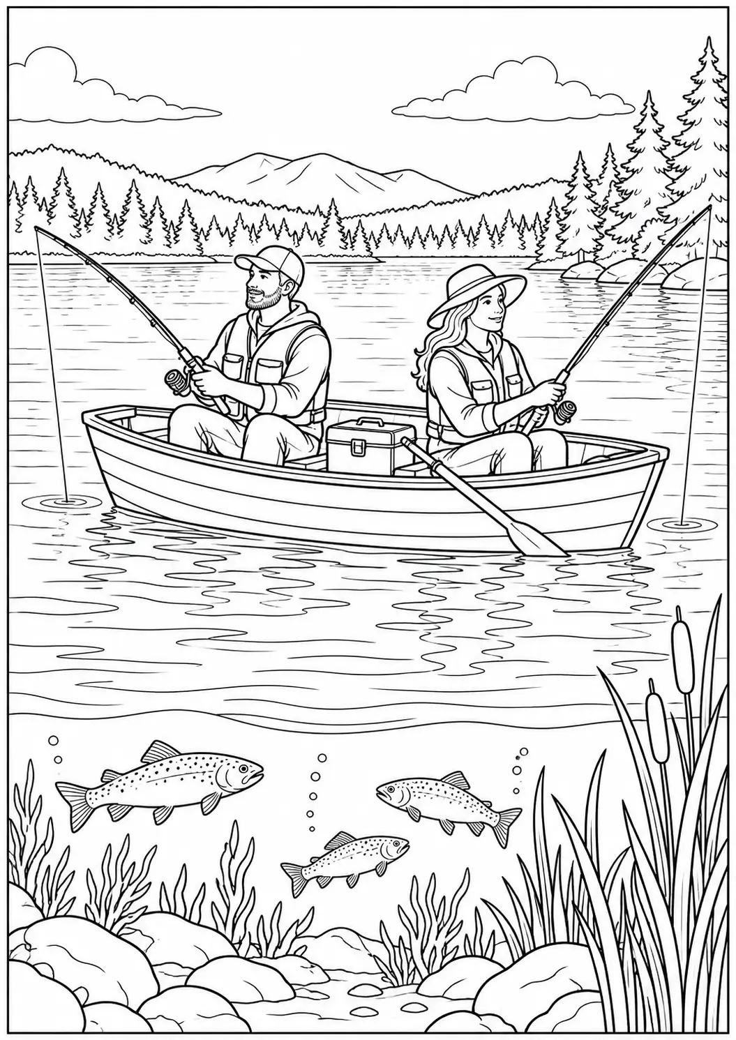 Two people fishing from a boat on a lake coloring page for adults