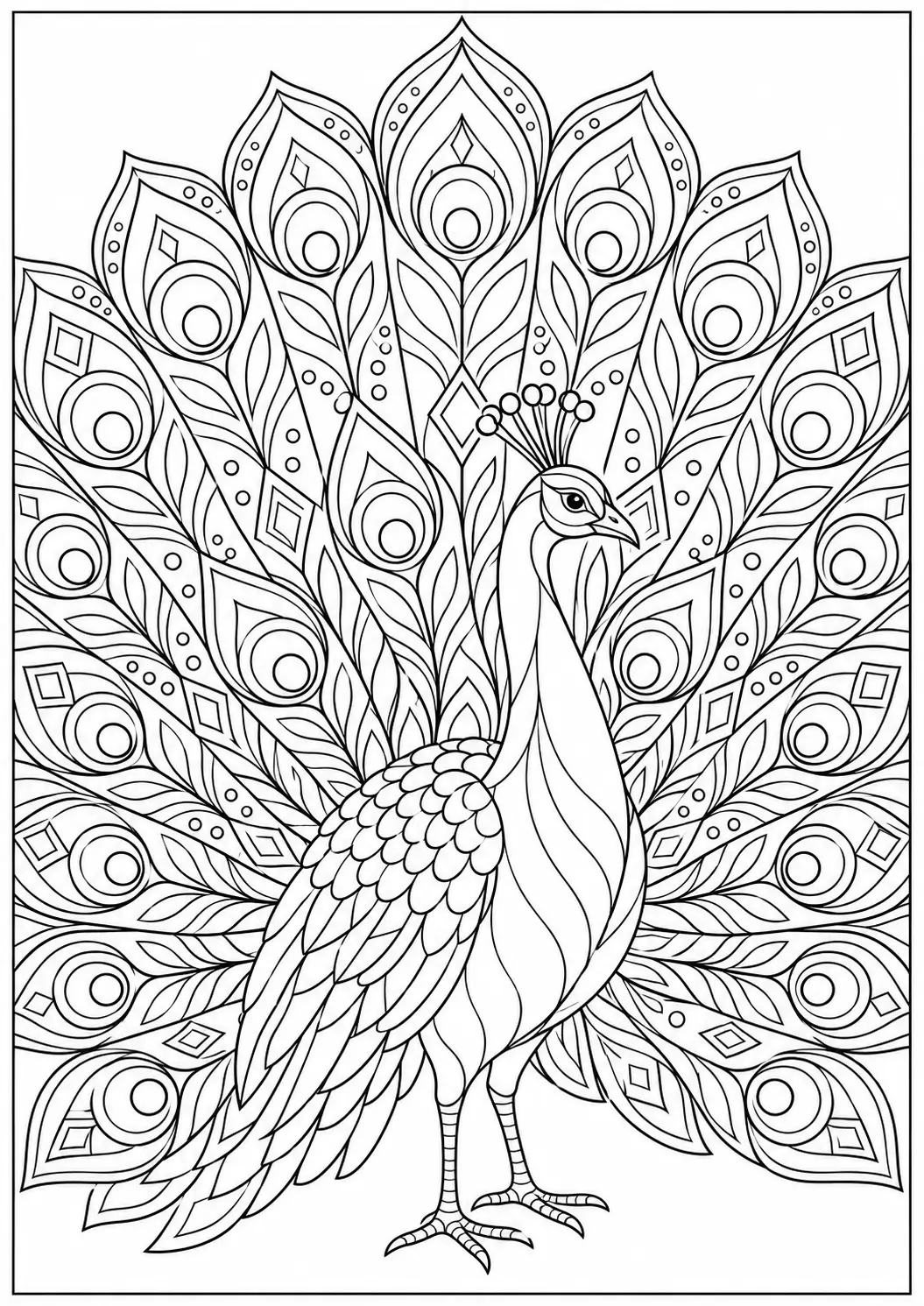 Geometric peacock coloring page for adults