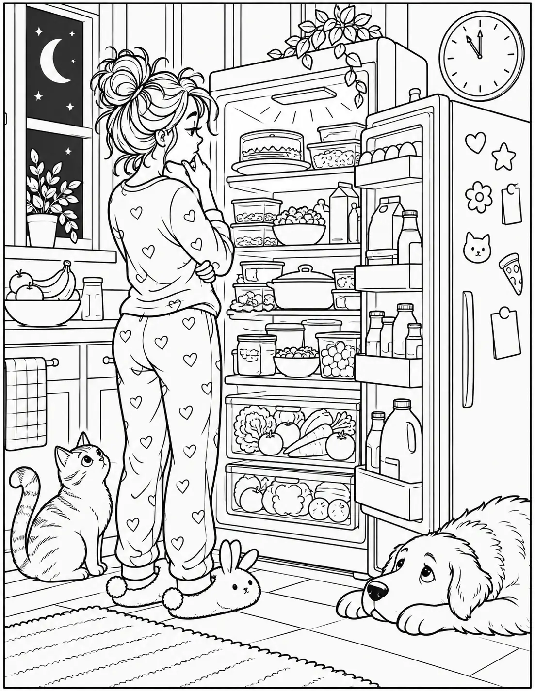 Funny adult coloring page of a woman checking an open refrigerator late at night