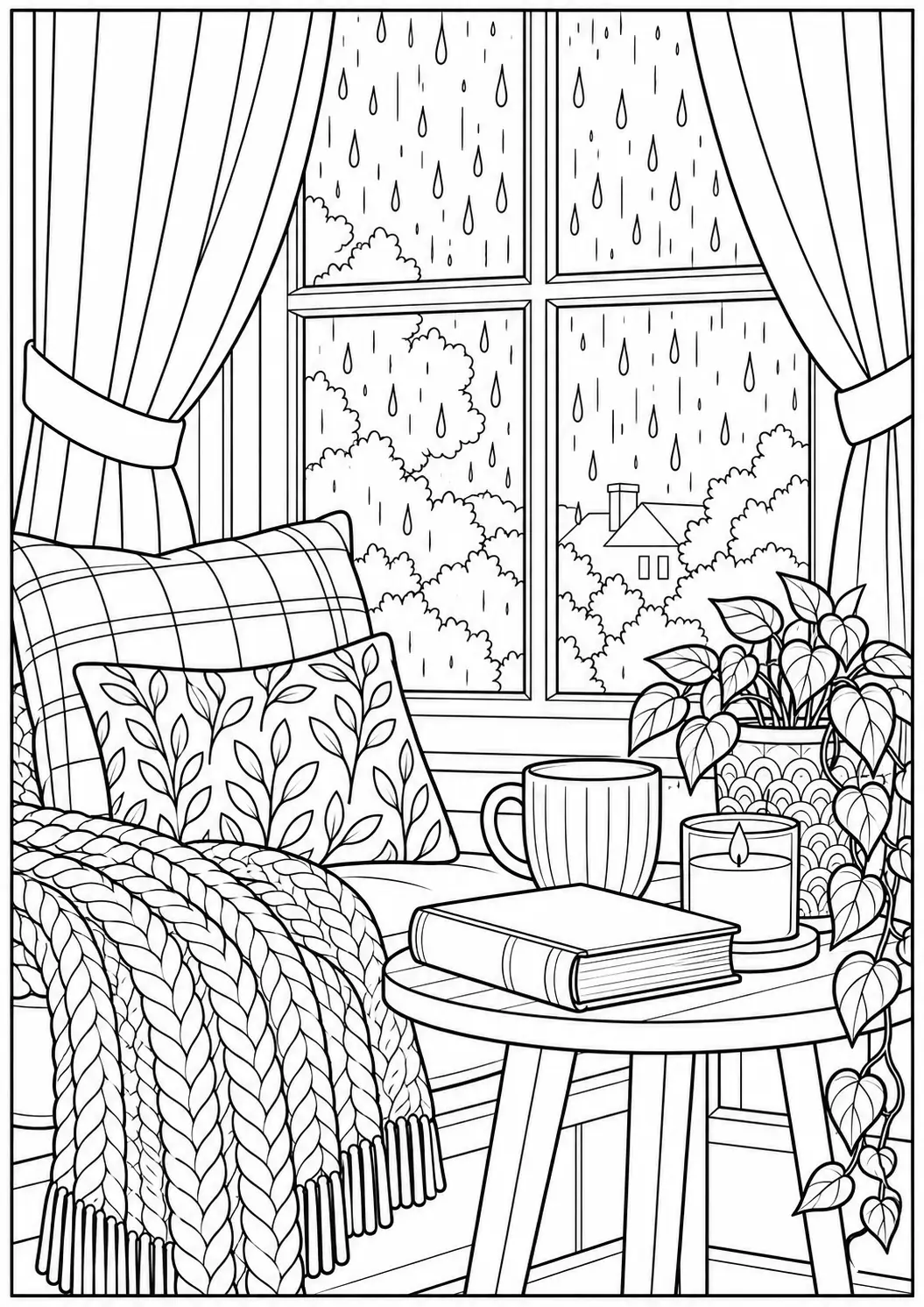 Rainy day window coloring page for adults with an armchair, book, candle, mug, and plant