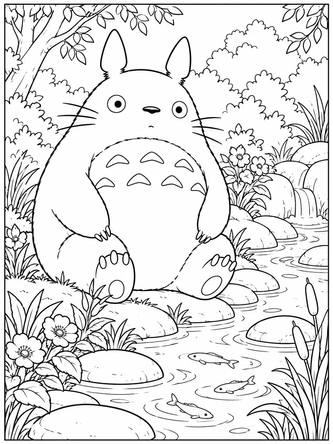 Totoro sitting beside a stream with fish and rocks coloring page