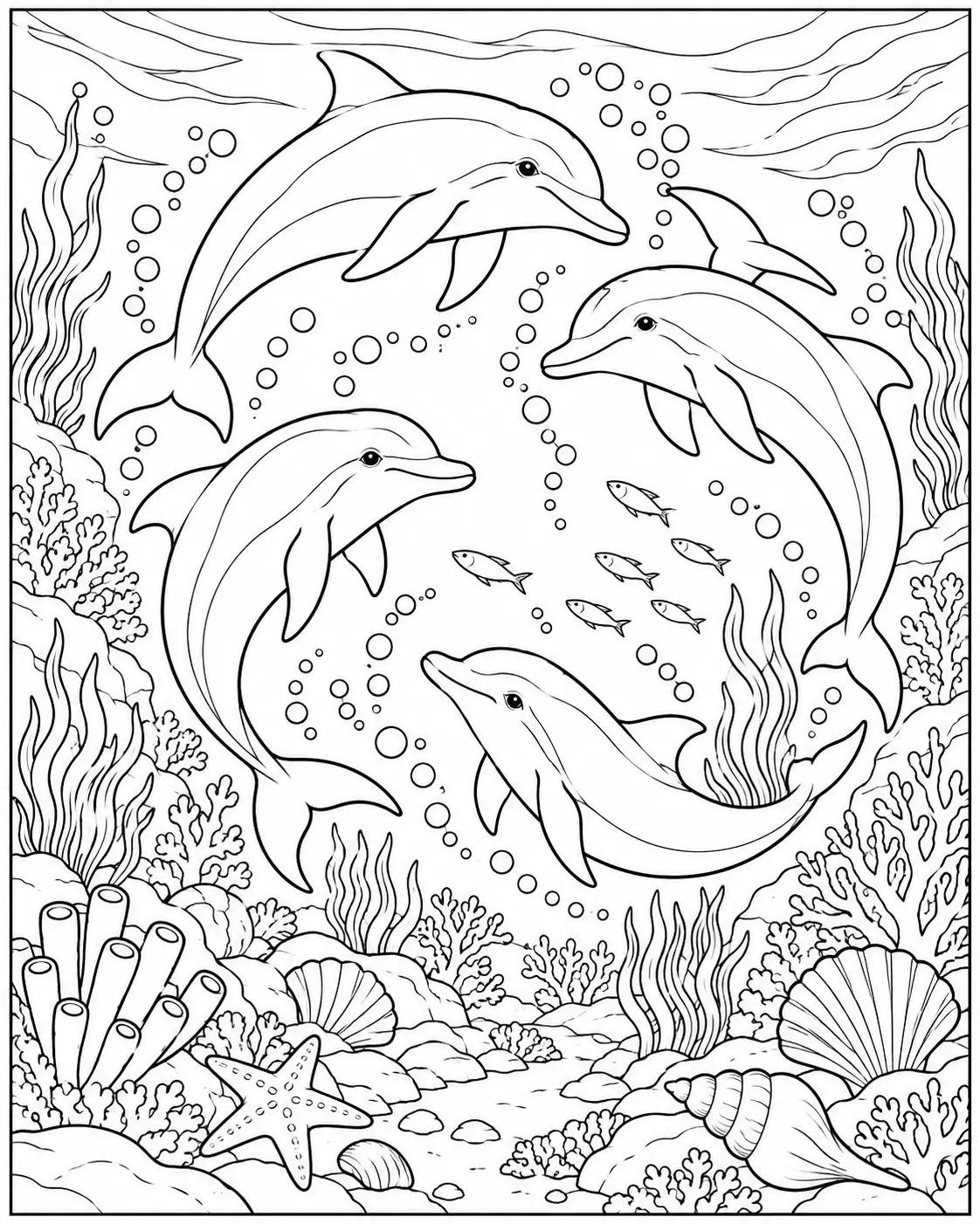 Dolphins swimming around a coral reef coloring page