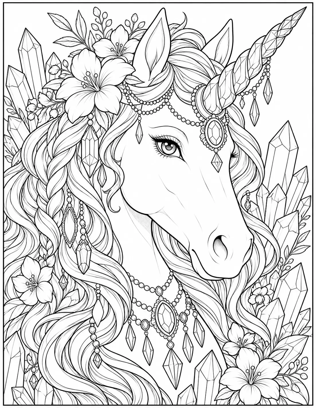 Unicorn portrait with crystals flowers and jeweled details coloring page for adults