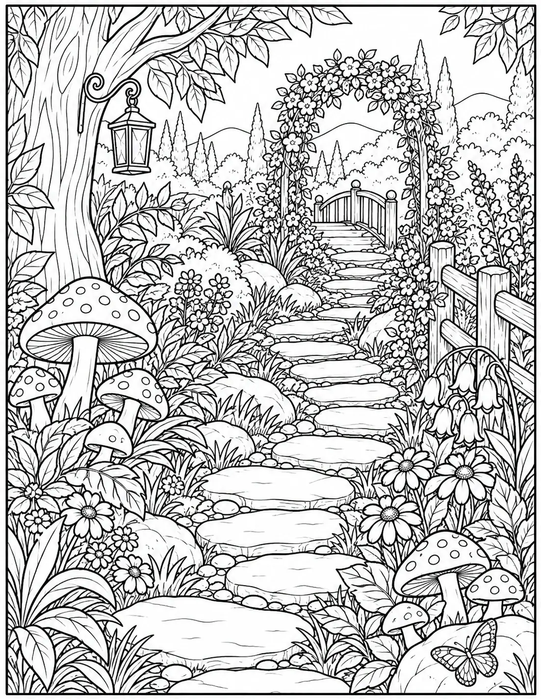 Mushroom garden path coloring page with flowers and stepping stones