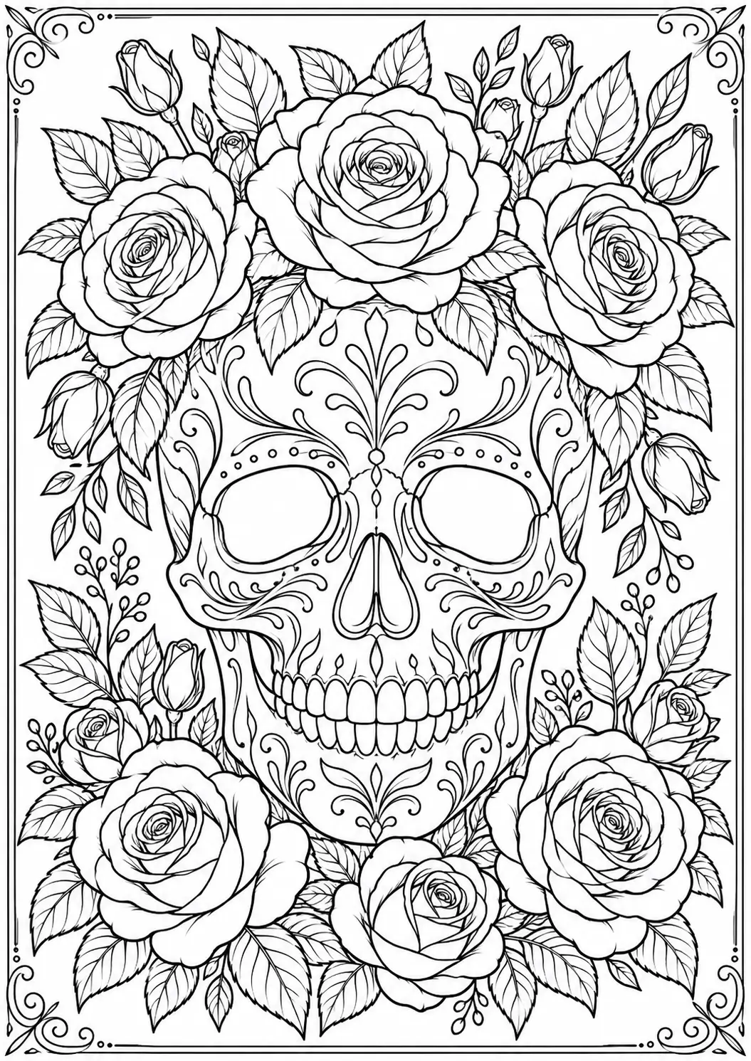 Skull with rose crown coloring page for adults