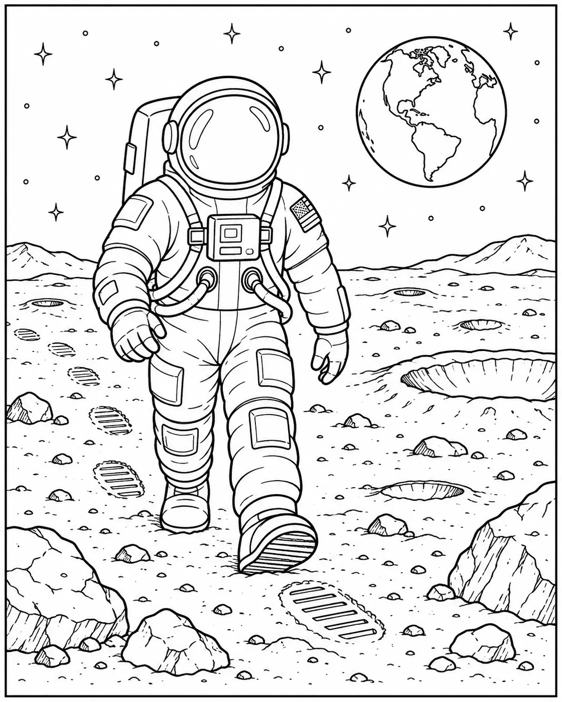 Astronaut walking on the Moon coloring page